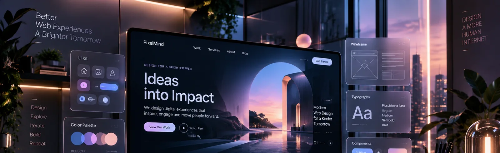 A designer's desk with a large monitor showing a website in progress, surrounded by UI kit, colour palette and typography panels