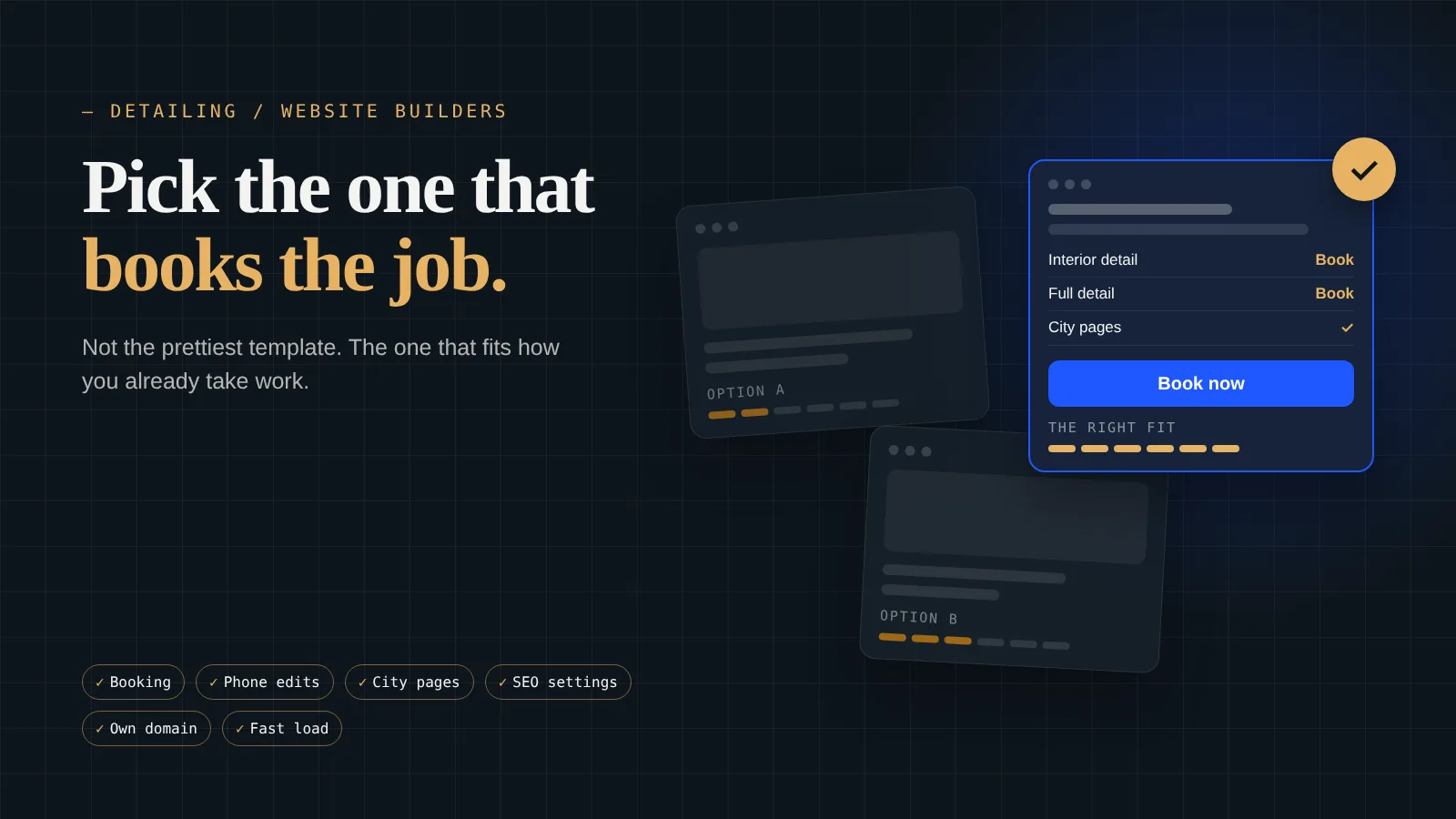 Illustration of two plain website options and a highlighted one with a Book now button, beside a checklist: booking, phone edits, city pages, SEO settings, own domain, fast load