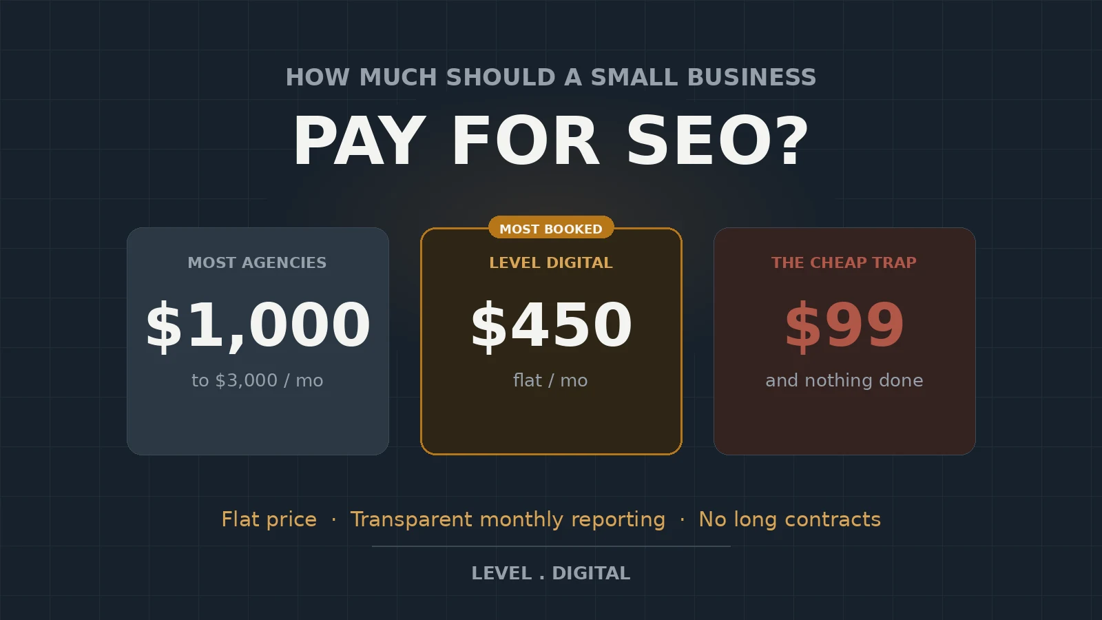 Price comparison: most agencies $1,000 to $3,000 a month, Level Digital $450 flat, and the $99 cheap trap