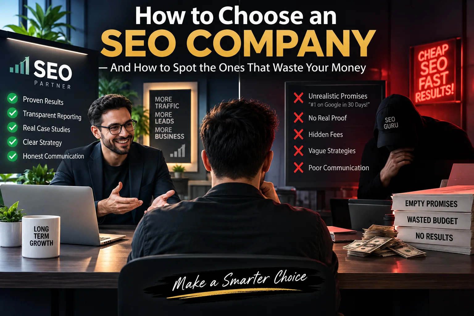 An honest SEO consultant on one side of a table and a hooded 'SEO guru' selling cheap fast results on the other