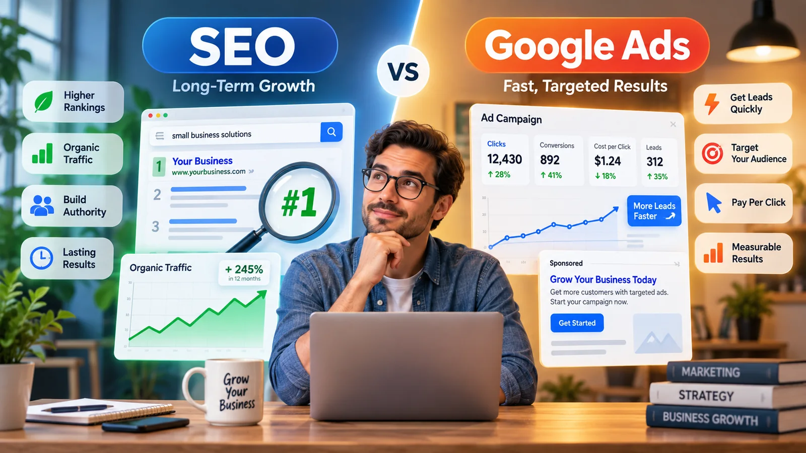 Split graphic comparing SEO for long-term growth against Google Ads for fast targeted results, with a business owner deciding between them