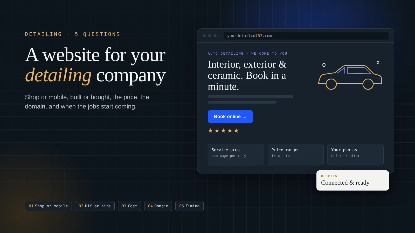 Illustration of a detailing company website in a browser with a book online button, star rating and service-area, price-range and photo sections