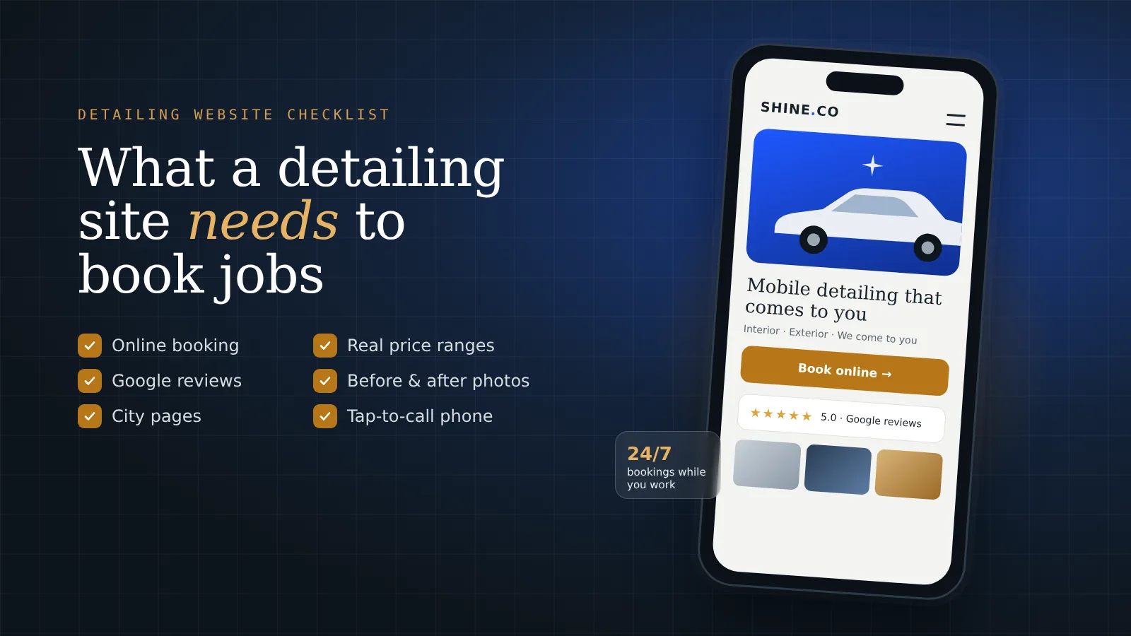 Detailing website checklist next to a phone showing a mobile detailing site with a book online button, Google reviews and photos