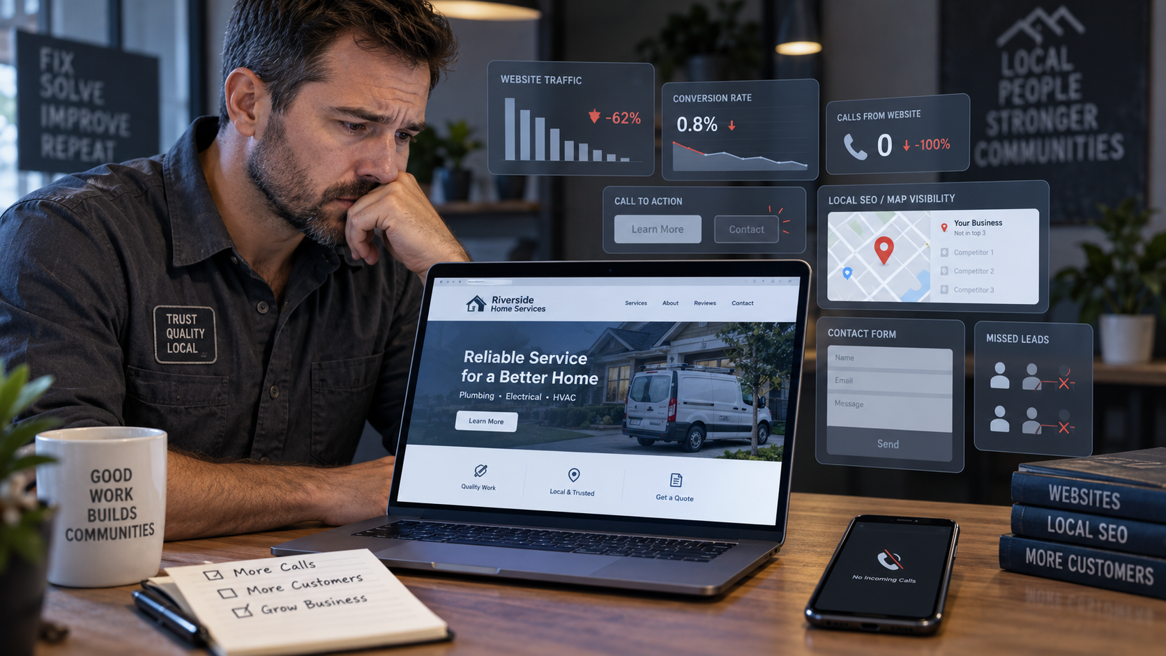 Contractor looking at website metrics showing zero calls and missed leads